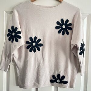 Sioni Beige Sweater with Black Floral Embroidered Scadi 3/4 Sleeves Cabincore